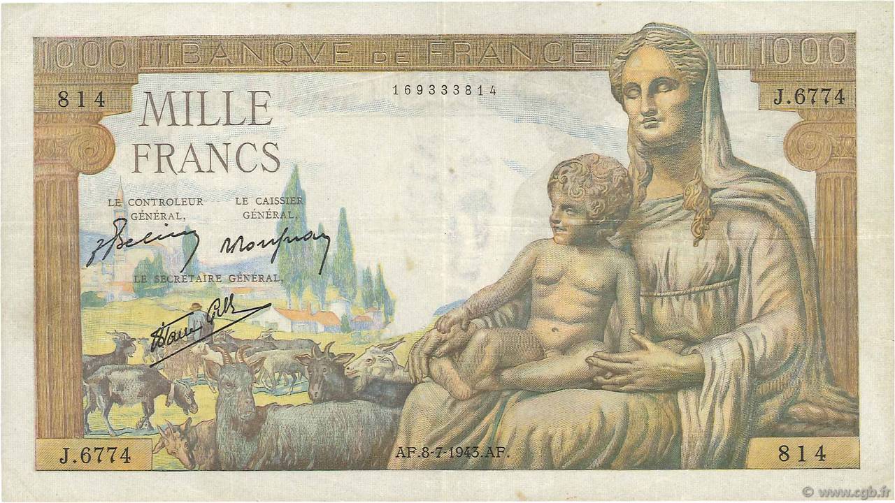 1000 Francs DÉESSE DÉMÉTER FRANCE  1943 F.40.29 pr.TTB