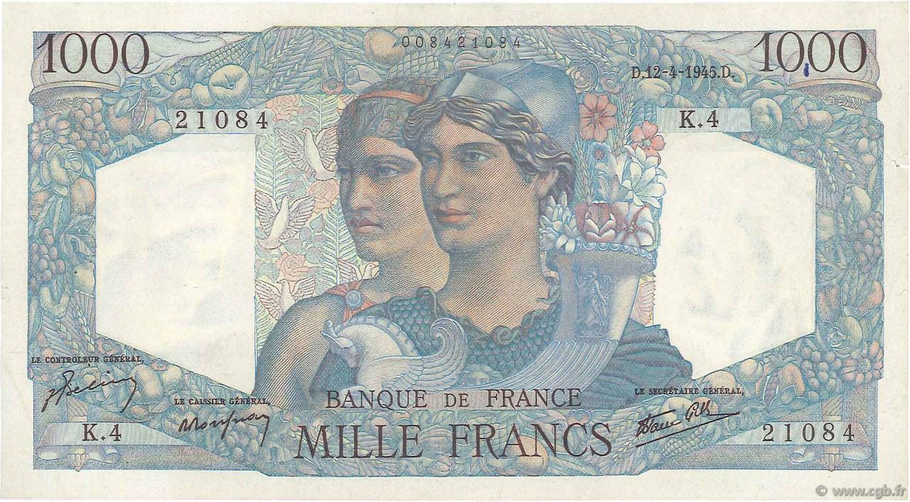 1000 Francs MINERVE ET HERCULE FRANCE  1945 F.41.01 TTB+