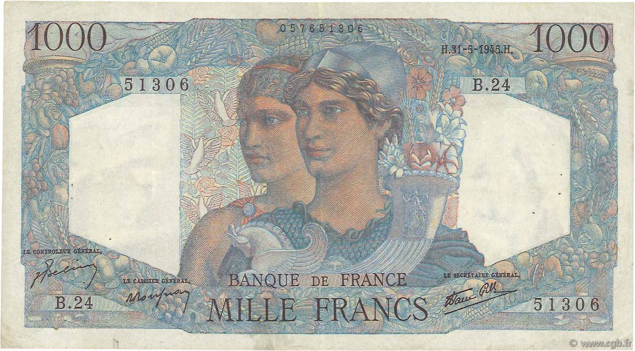 1000 Francs MINERVE ET HERCULE FRANCE  1945 F.41.03 TB+