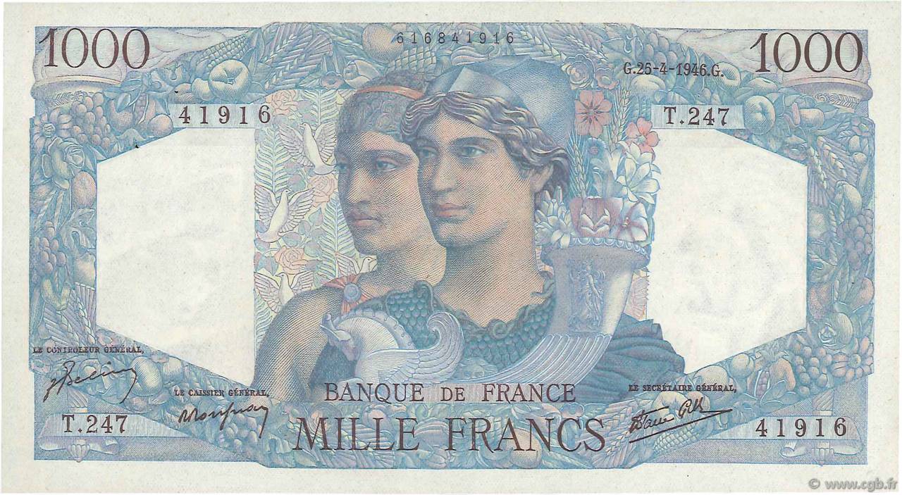1000 Francs MINERVE ET HERCULE FRANCE  1946 F.41.13 pr.SPL