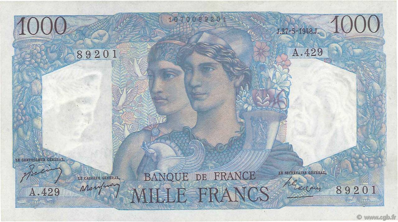 1000 Francs MINERVE ET HERCULE FRANCE  1948 F.41.21 TTB+