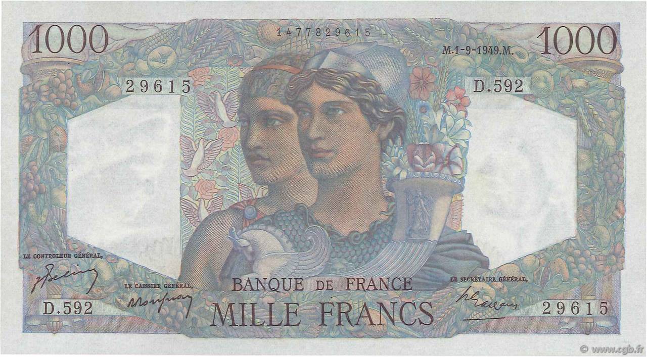 1000 Francs MINERVE ET HERCULE FRANCE  1949 F.41.28 SPL