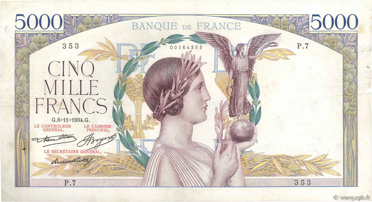 5000 Francs VICTOIRE FRANCE  1934 F.44.01 pr.TTB