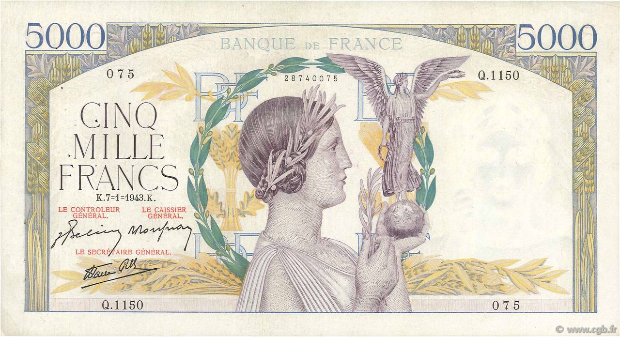5000 Francs VICTOIRE Impression à plat FRANCE  1943 F.46.46 TTB
