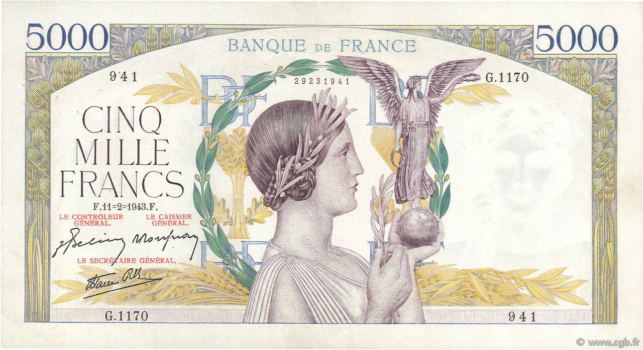 5000 Francs VICTOIRE Impression à plat FRANCE  1943 F.46.47 TTB