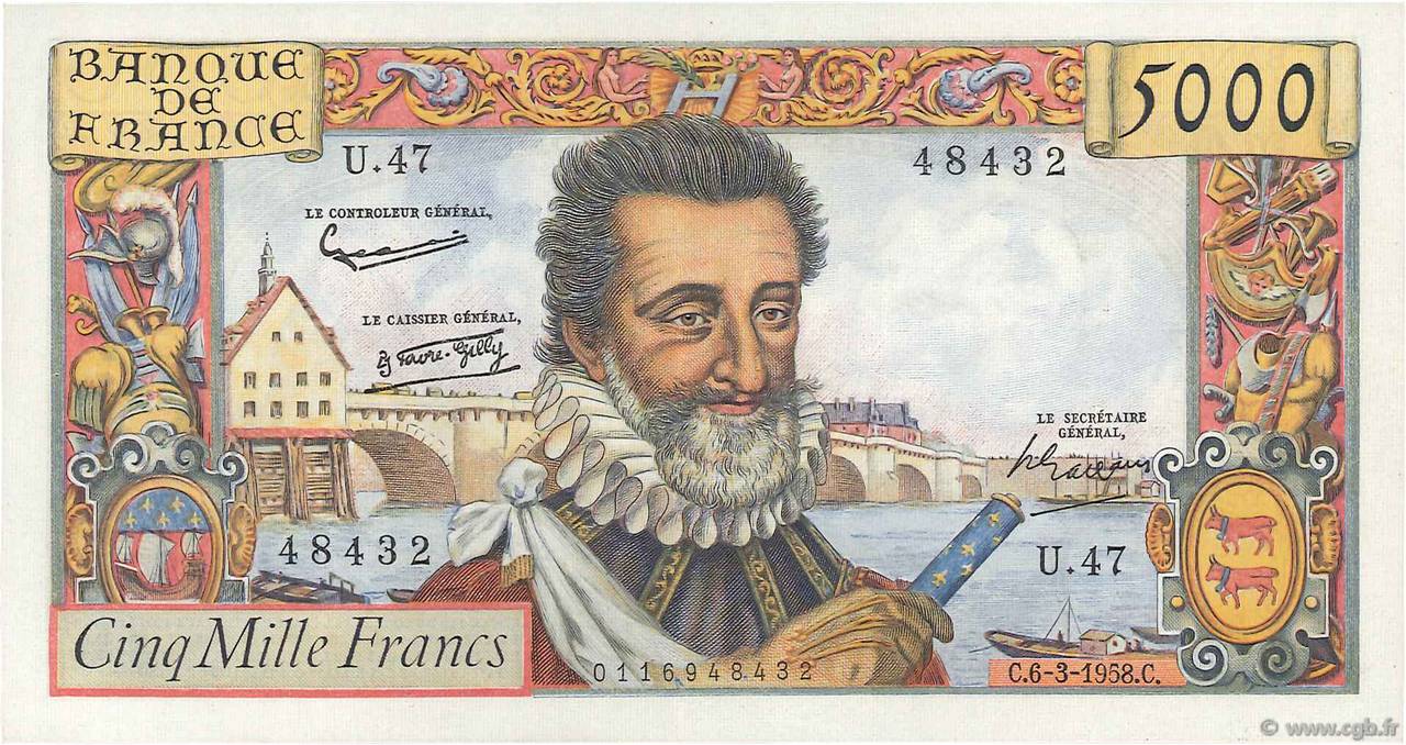 5000 Francs HENRI IV FRANCE  1958 F.49.06 TTB