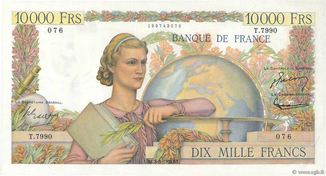 10000 Francs GÉNIE FRANÇAIS FRANCE  1955 F.50.73 pr.SPL
