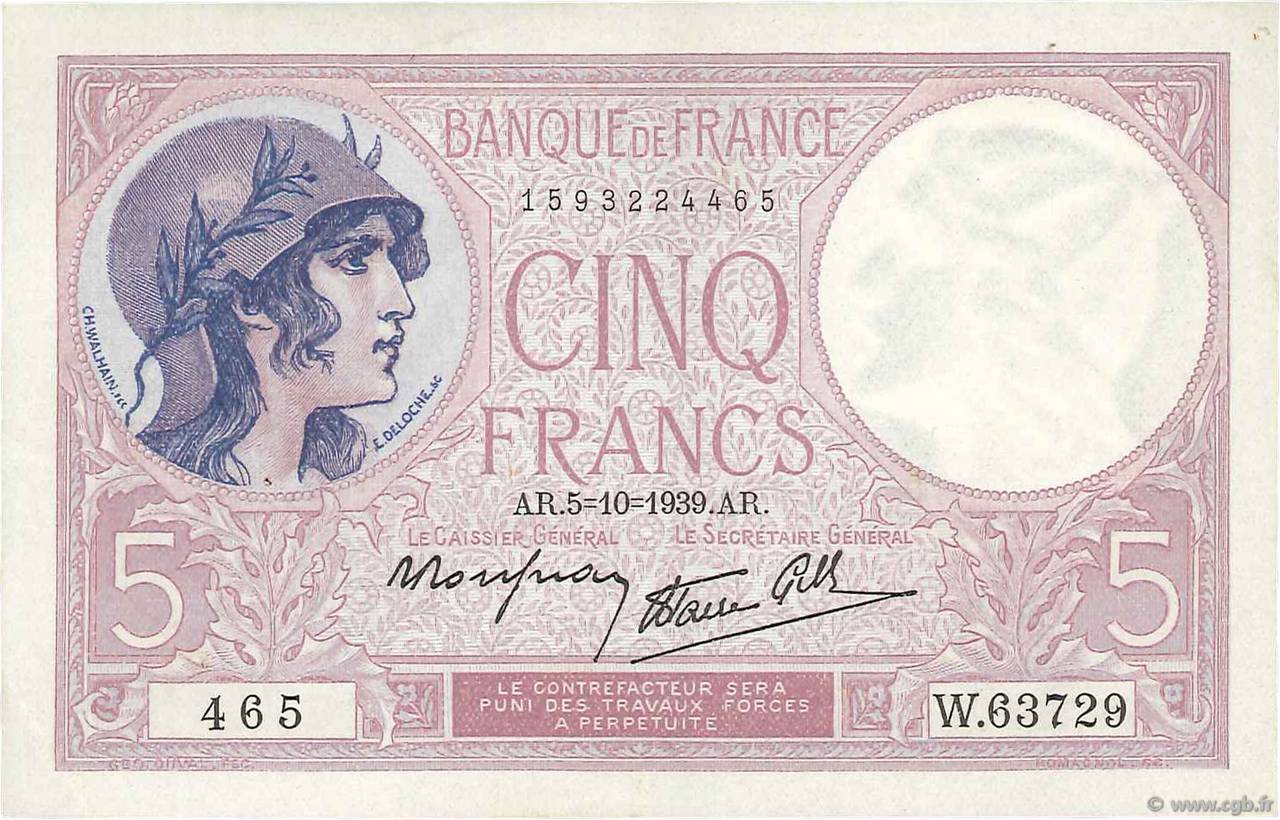 5 Francs FEMME CASQUÉE modifié FRANCE  1939 F.04.11 pr.SUP