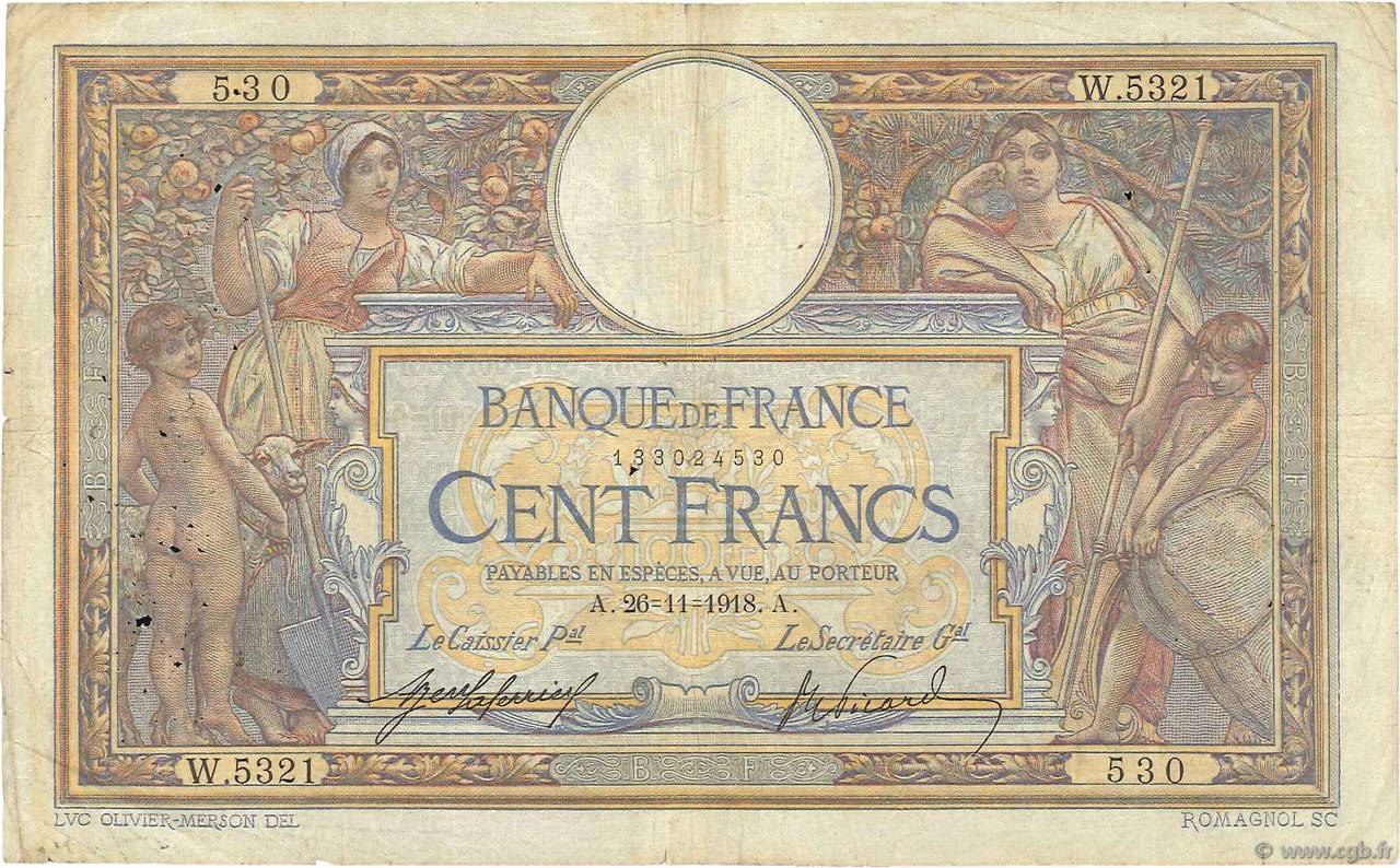 100 Francs LUC OLIVIER MERSON sans LOM FRANCE  1918 F.23.10 B