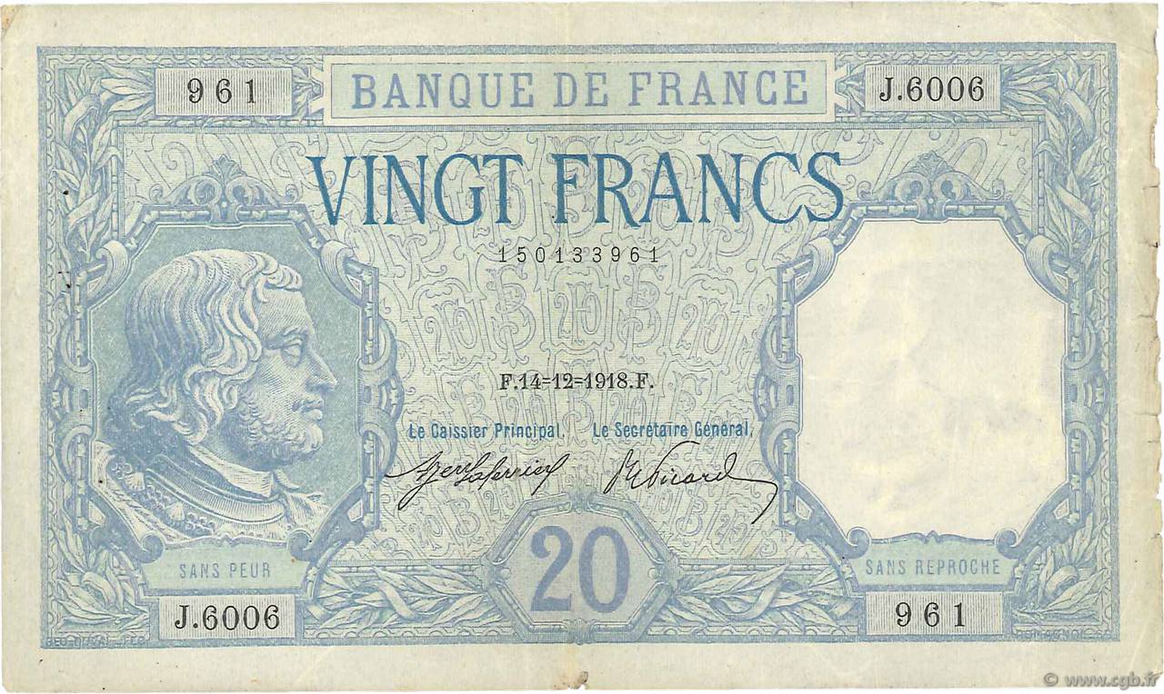 20 Francs BAYARD FRANCE  1918 F.11.03 F