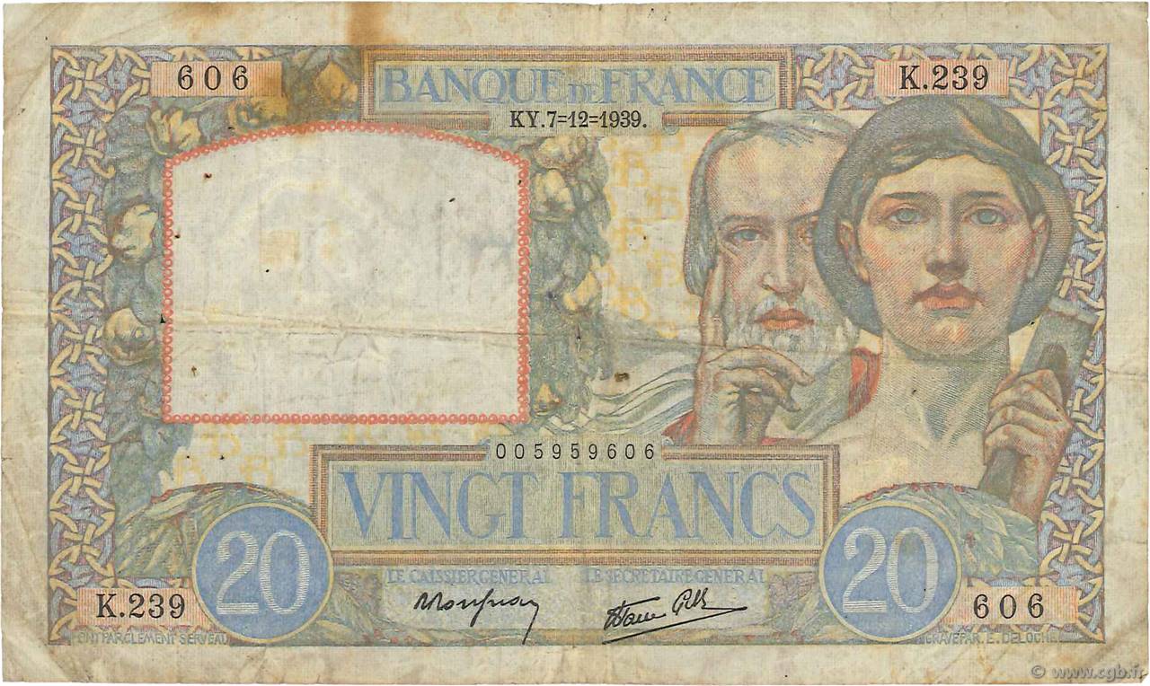 20 Francs TRAVAIL ET SCIENCE FRANCE  1939 F.12.01 TB