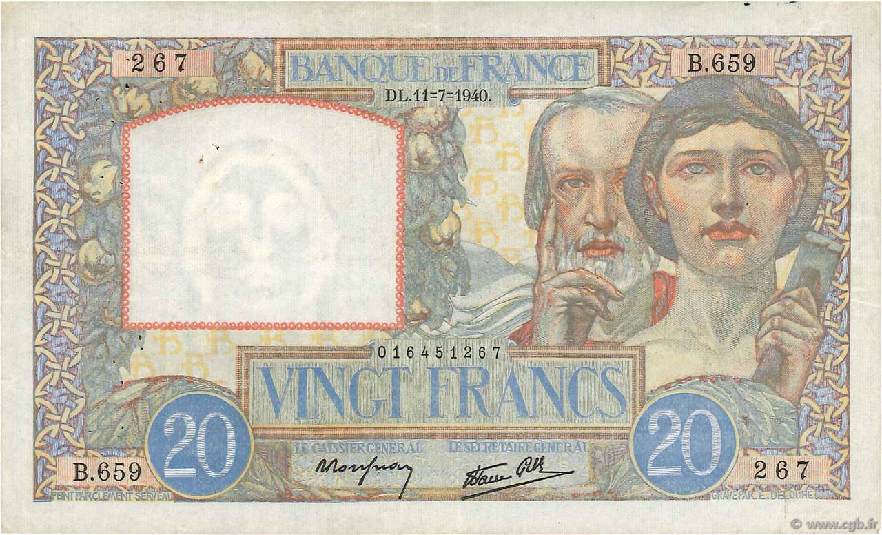 20 Francs TRAVAIL ET SCIENCE FRANCE  1940 F.12.04 TTB