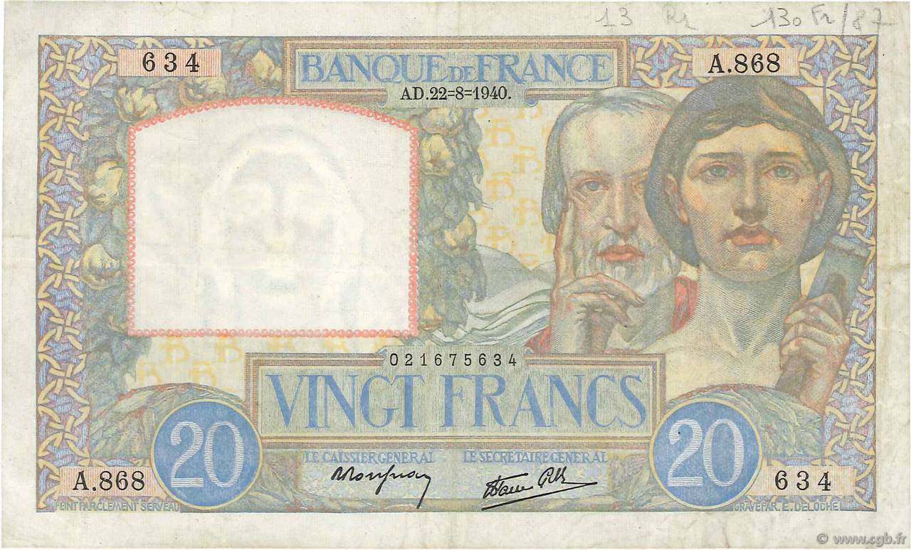 20 Francs TRAVAIL ET SCIENCE FRANCE  1940 F.12.06 TTB