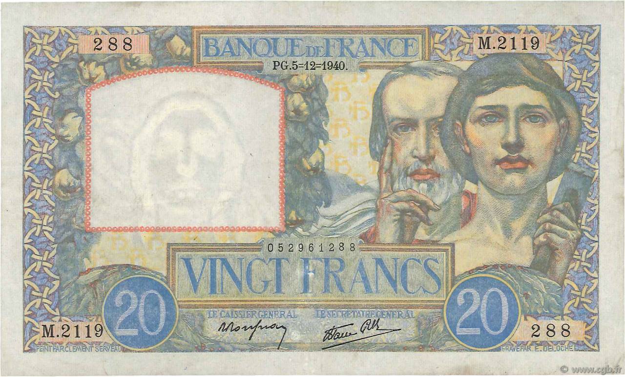 20 Francs TRAVAIL ET SCIENCE FRANCE  1940 F.12.10 VF