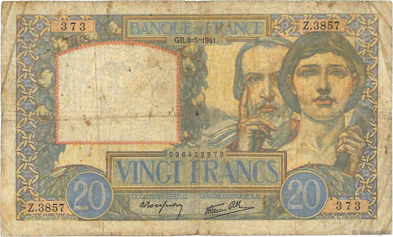 20 Francs TRAVAIL ET SCIENCE FRANCE  1941 F.12.14 B