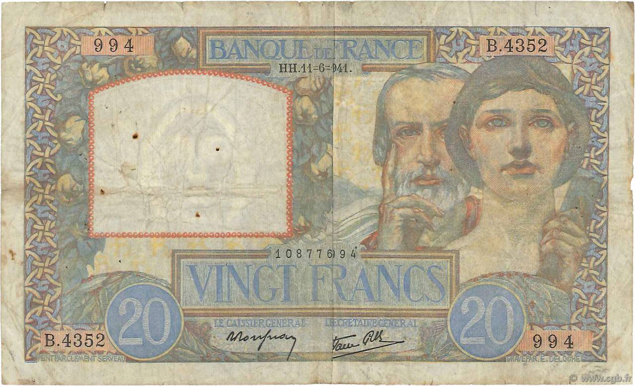 20 Francs TRAVAIL ET SCIENCE FRANCE  1941 F.12.15 pr.TB
