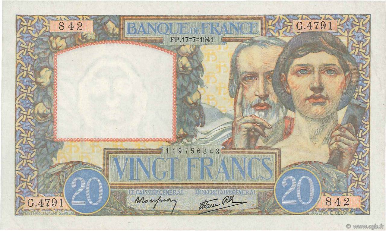 20 Francs TRAVAIL ET SCIENCE FRANCE  1941 F.12.16 SUP