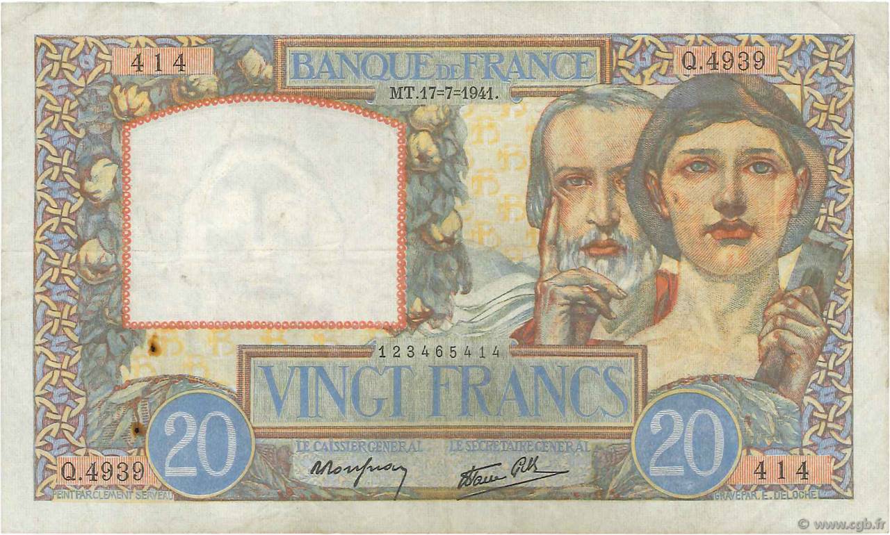 20 Francs TRAVAIL ET SCIENCE FRANCE  1941 F.12.16 VF