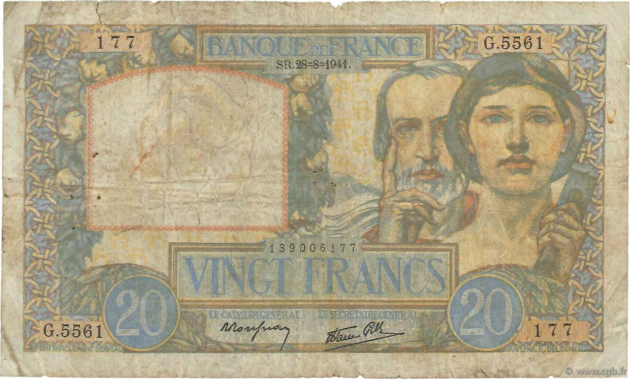 20 Francs TRAVAIL ET SCIENCE FRANCE  1941 F.12.17 B
