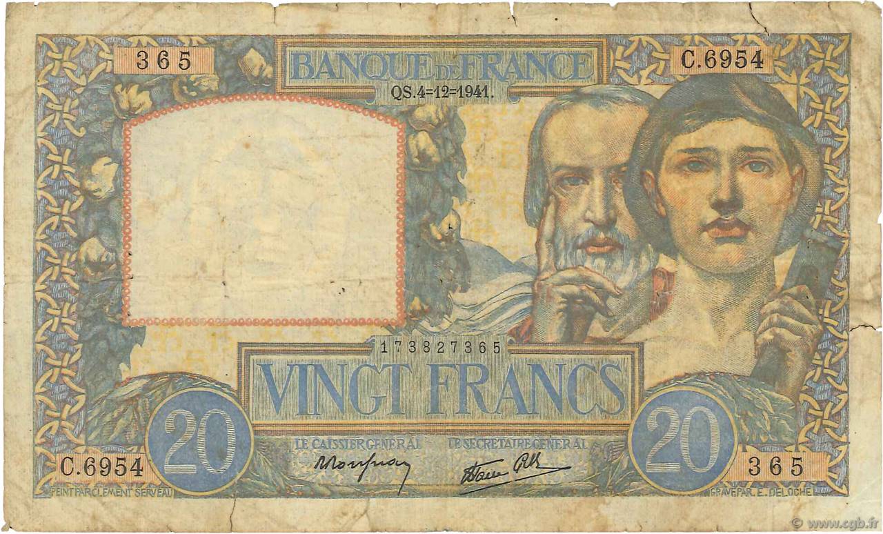 20 Francs TRAVAIL ET SCIENCE FRANCE  1941 F.12.20 B