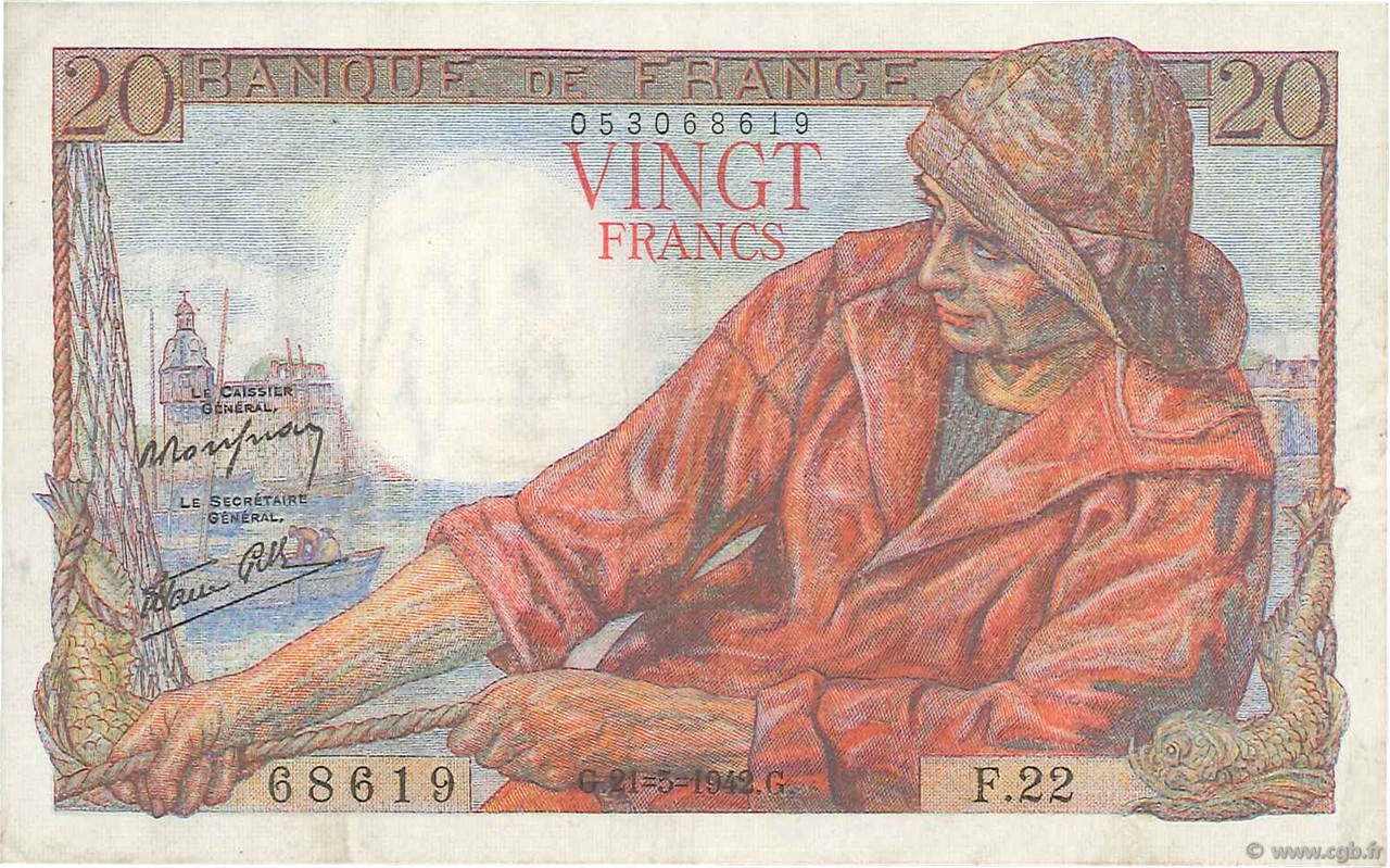 20 Francs PÊCHEUR FRANCE  1942 F.13.02 TTB