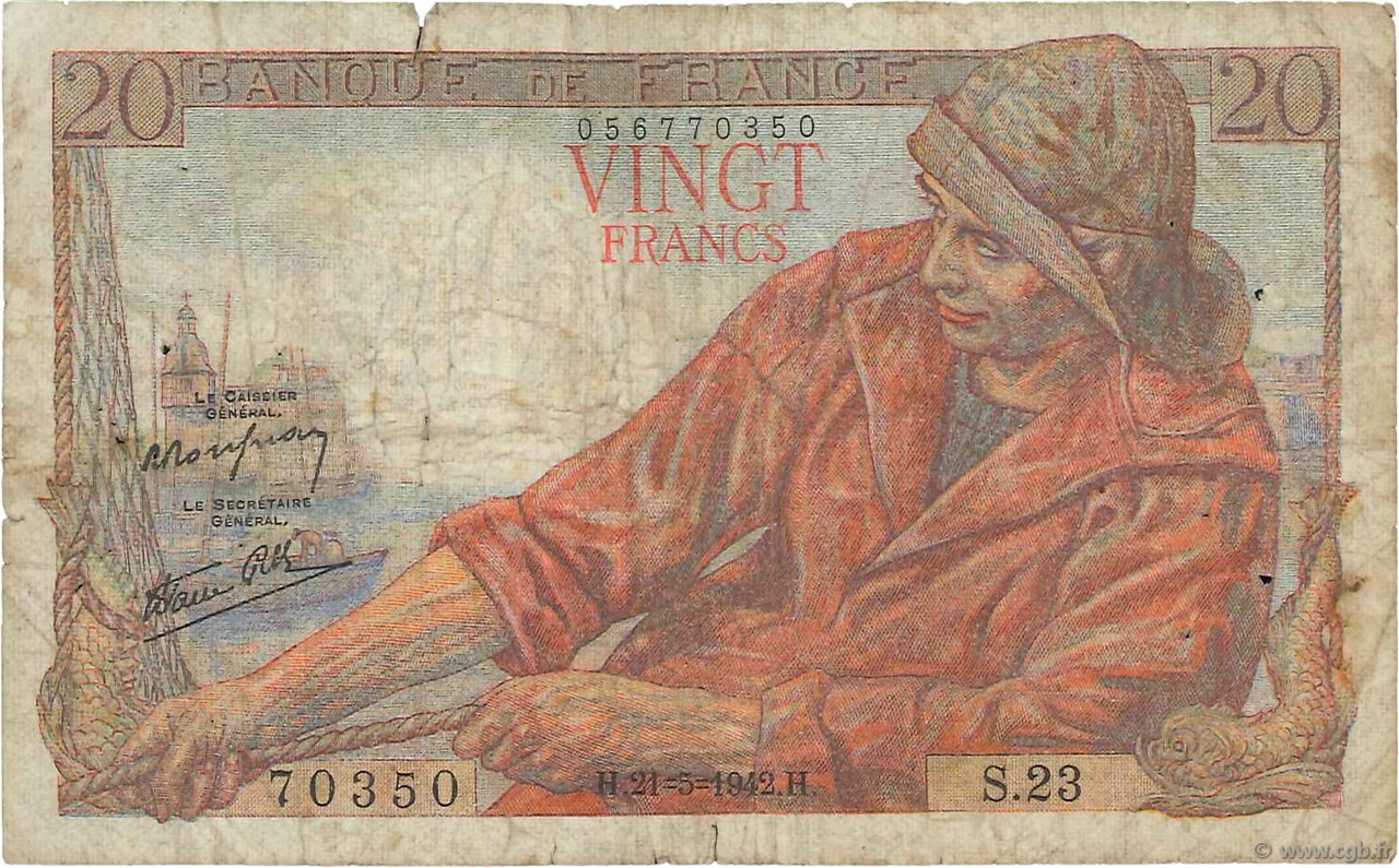 20 Francs PÊCHEUR FRANCE  1942 F.13.02 B