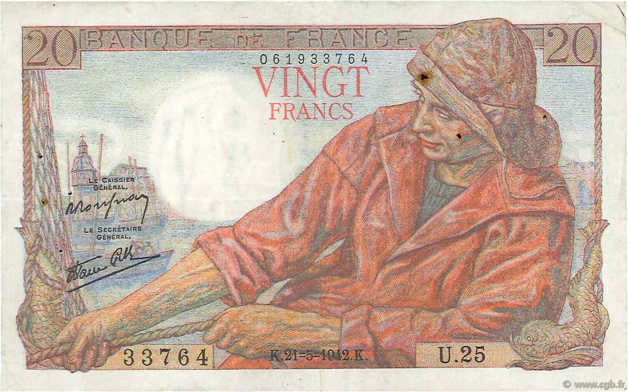 20 Francs PÊCHEUR FRANCE  1942 F.13.02 TTB+