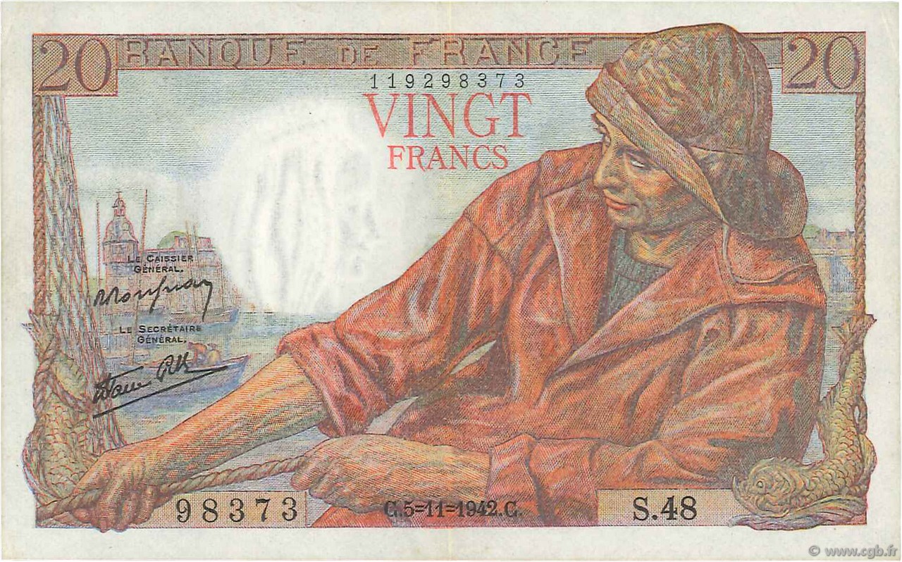 20 Francs PÊCHEUR FRANCE  1942 F.13.04 pr.SUP