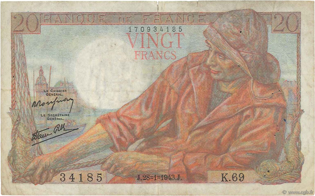 20 Francs PÊCHEUR FRANCE  1943 F.13.05 TB
