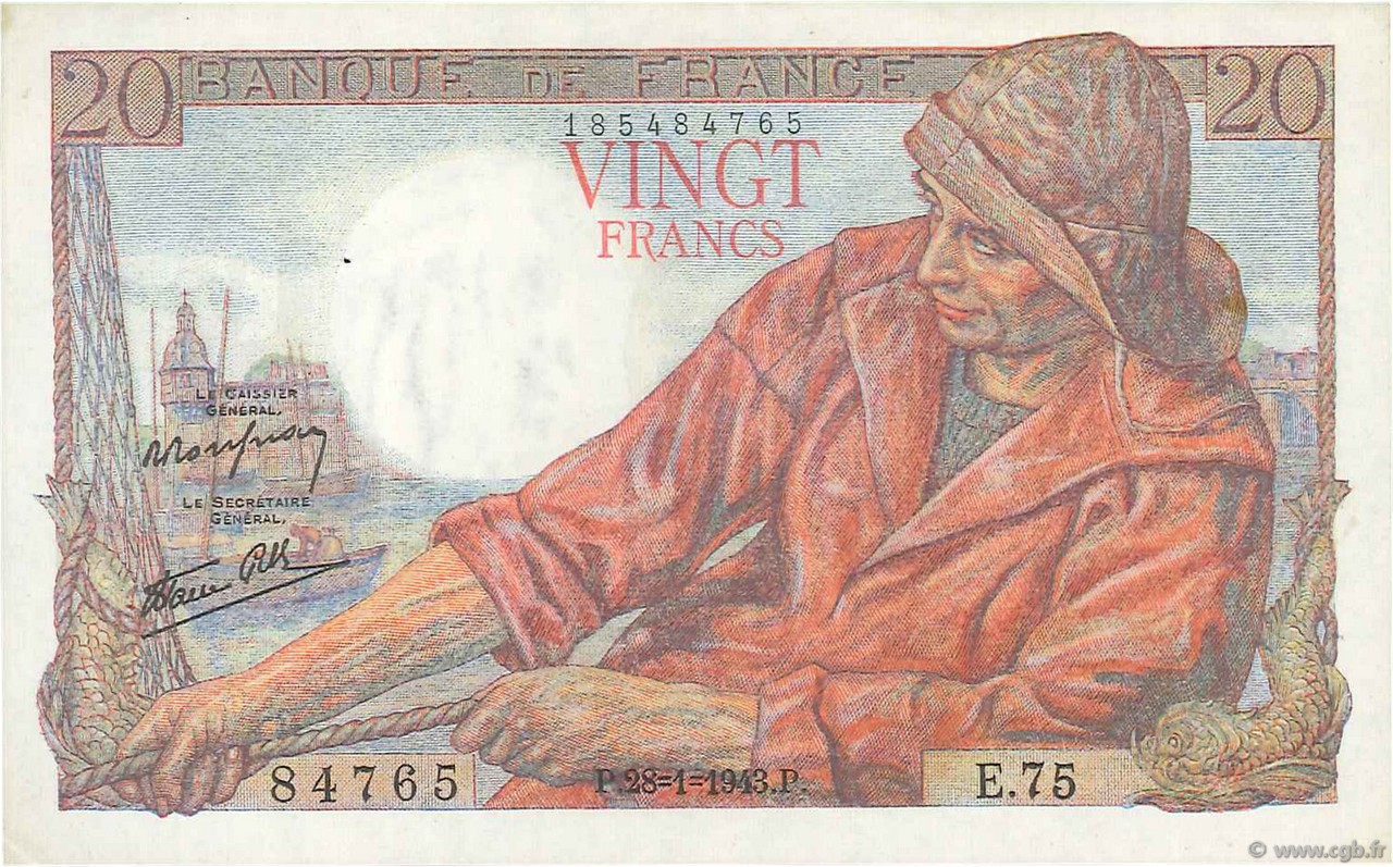 20 Francs PÊCHEUR FRANCE  1943 F.13.05 SUP+