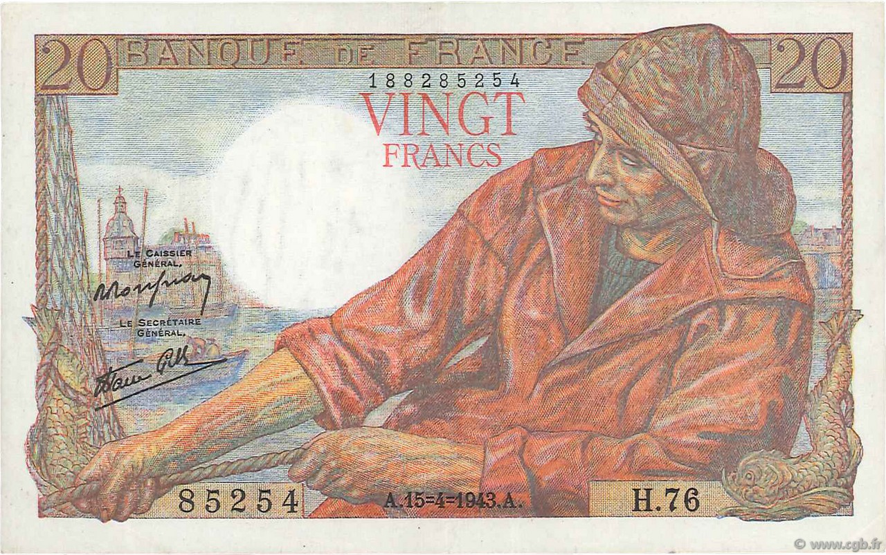 20 Francs PÊCHEUR FRANCE  1943 F.13.06 TTB+