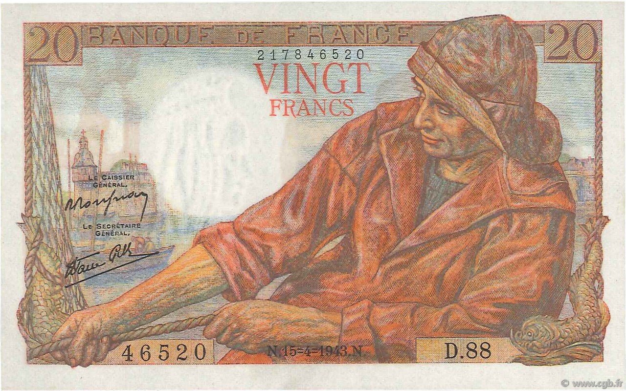 20 Francs PÊCHEUR FRANCE  1943 F.13.06 NEUF