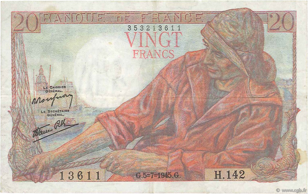 20 Francs PÊCHEUR FRANCE  1945 F.13.10 TTB