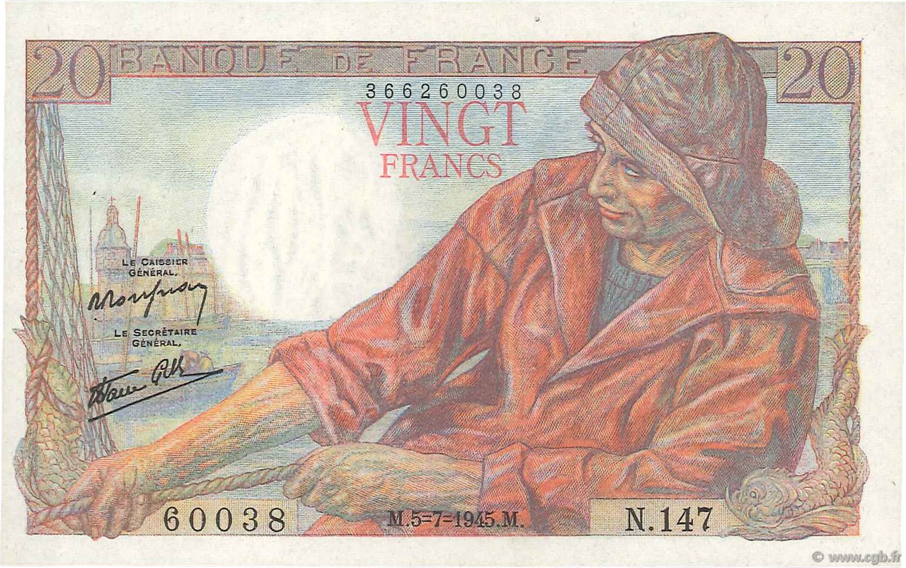 20 Francs PÊCHEUR Fauté FRANCE  1945 F.13.10 SUP+
