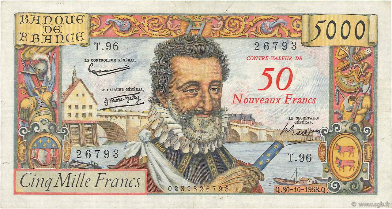 50 NF sur 5000 Francs HENRI IV FRANCE  1958 F.54.01 pr.TTB