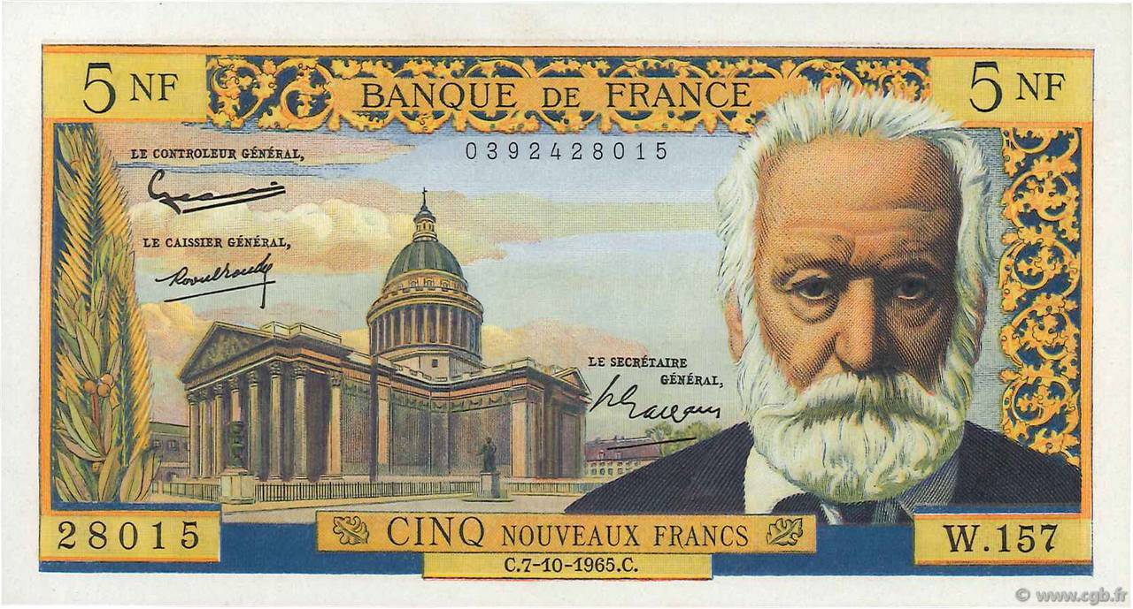 5 Nouveaux Francs VICTOR HUGO FRANCE  1965 F.56.20 SPL