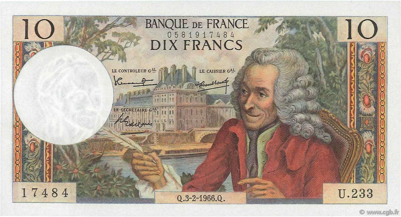 10 Francs VOLTAIRE FRANCE  1966 F.62.20 SPL