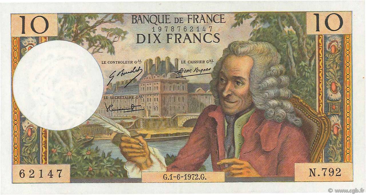 10 Francs VOLTAIRE FRANCE  1972 F.62.57 SUP