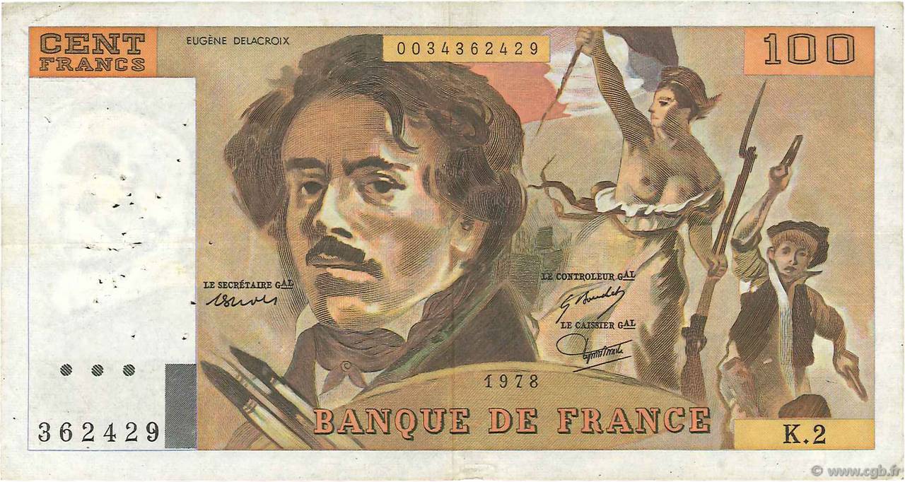 100 Francs DELACROIX modifié FRANCE  1978 F.69.01a TB+