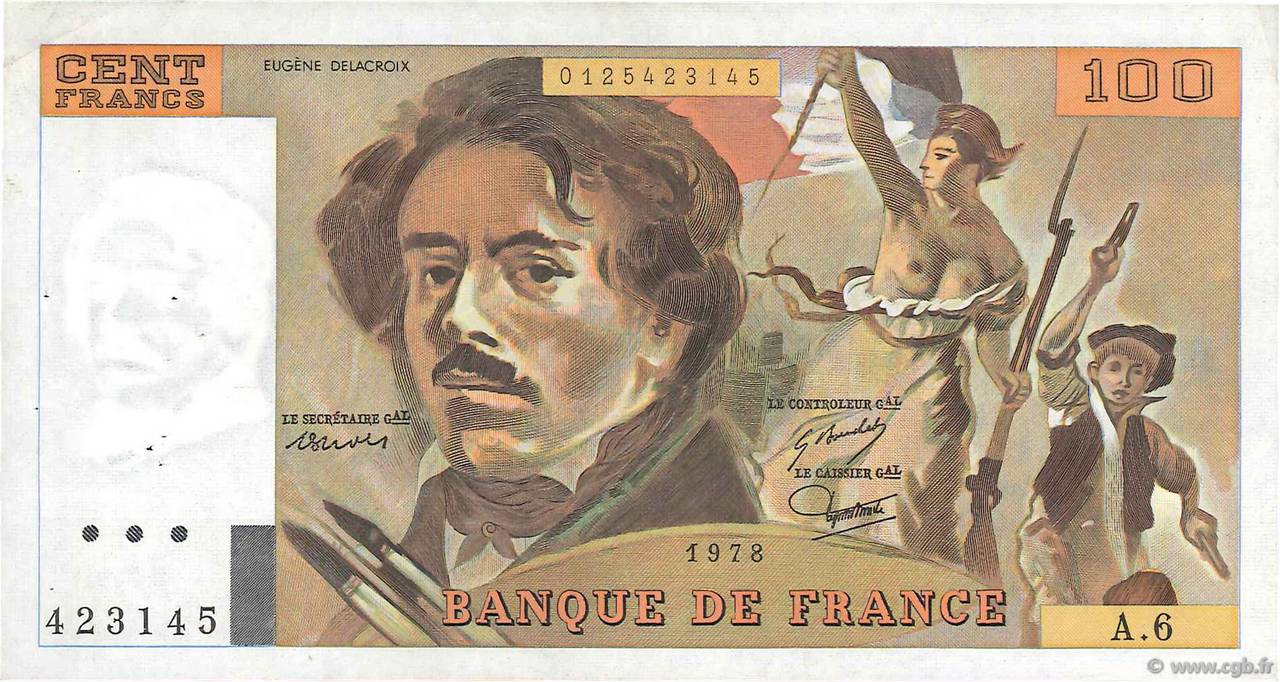 100 Francs DELACROIX modifié FRANCE  1978 F.69.01d TTB+