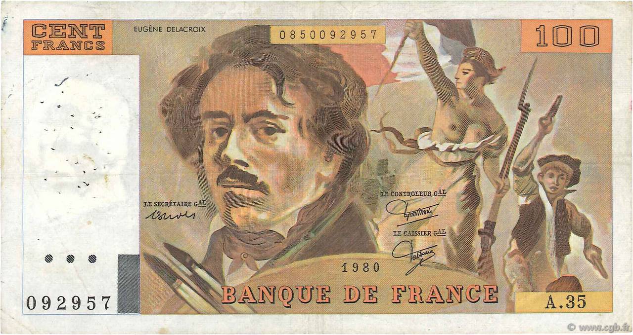100 Francs DELACROIX modifié FRANCE  1980 F.69.04b TB+