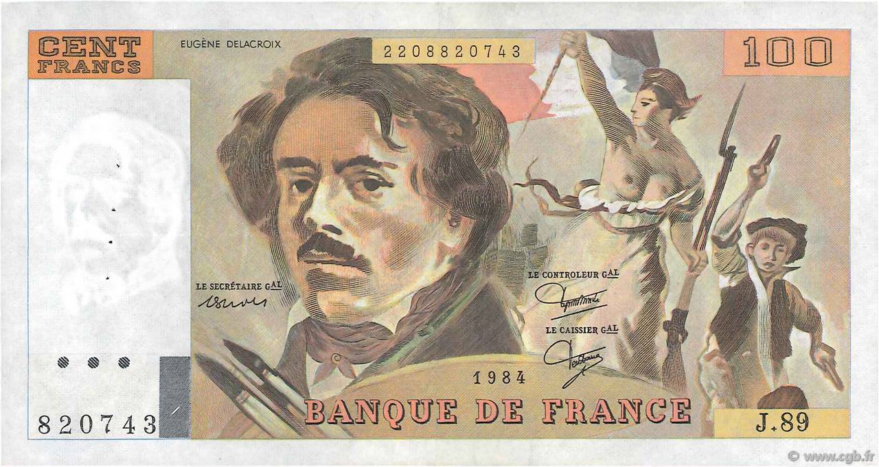 100 Francs DELACROIX modifié FRANCE  1984 F.69.08b TTB+