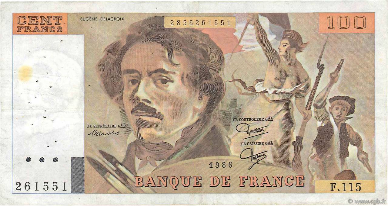 100 Francs DELACROIX modifié FRANCE  1986 F.69.10 TTB