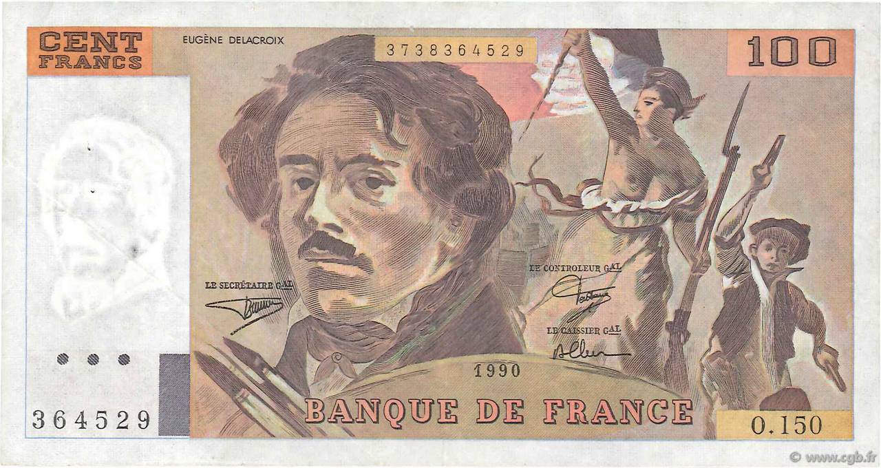 100 Francs DELACROIX imprimé en continu FRANCE  1990 F.69bis.02a VF