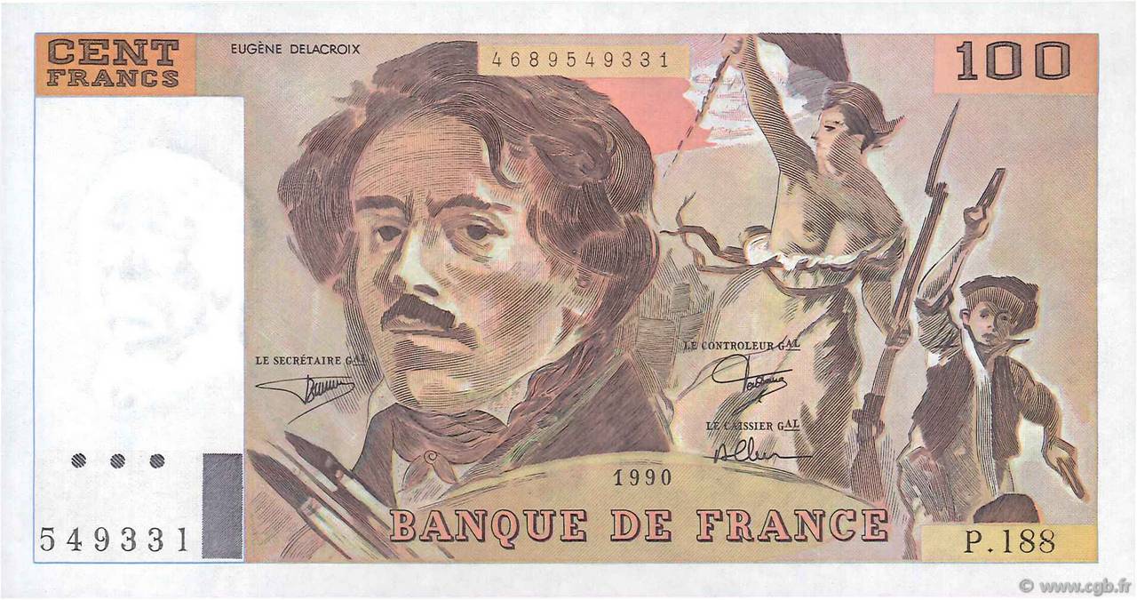 100 Francs DELACROIX imprimé en continu FRANCE  1990 F.69bis.02e1 UNC
