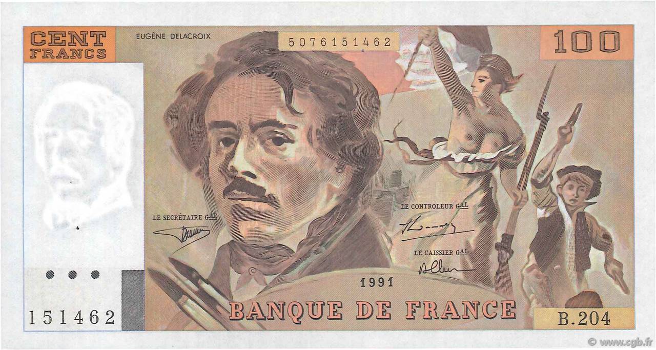 100 Francs DELACROIX imprimé en continu FRANCE  1991 F.69bis.04b SUP