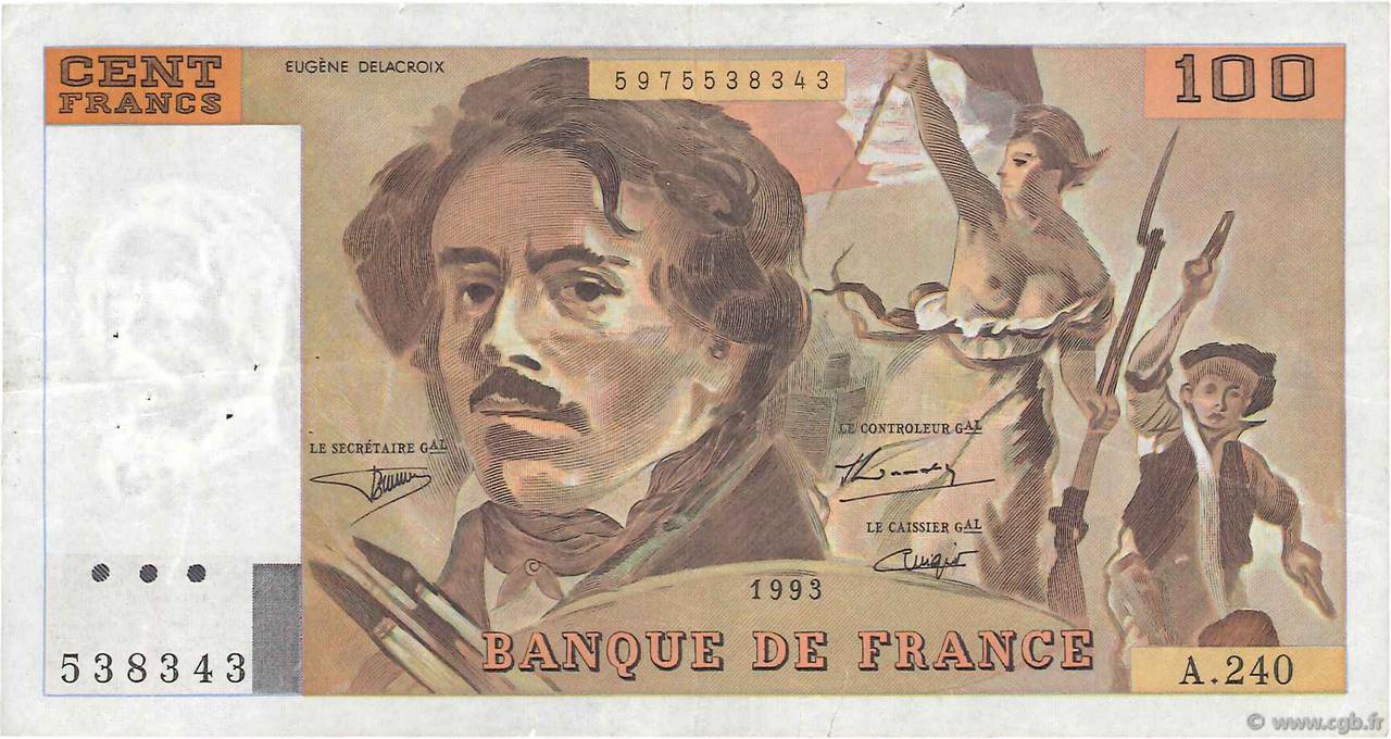 100 Francs DELACROIX imprimé en continu FRANCE  1993 F.69bis.08 VF
