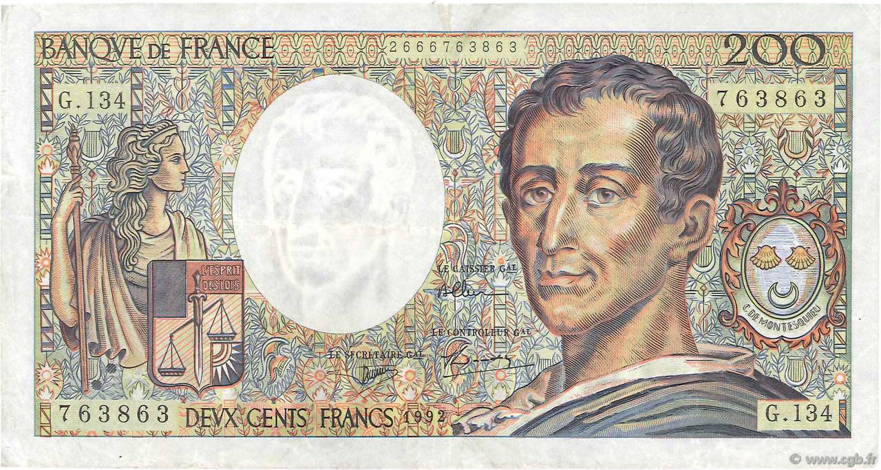 200 Francs MONTESQUIEU FRANCE  1992 F.70.12c TTB