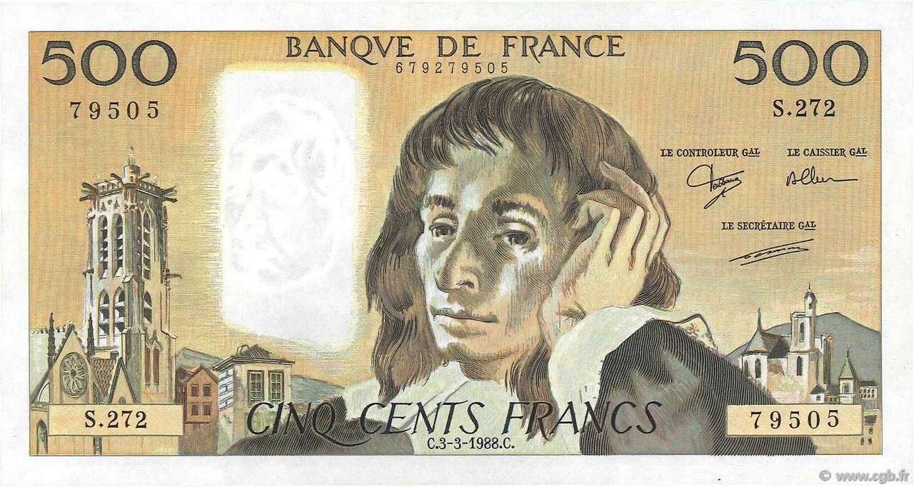 500 Francs PASCAL FRANCE  1988 F.71.38 SUP
