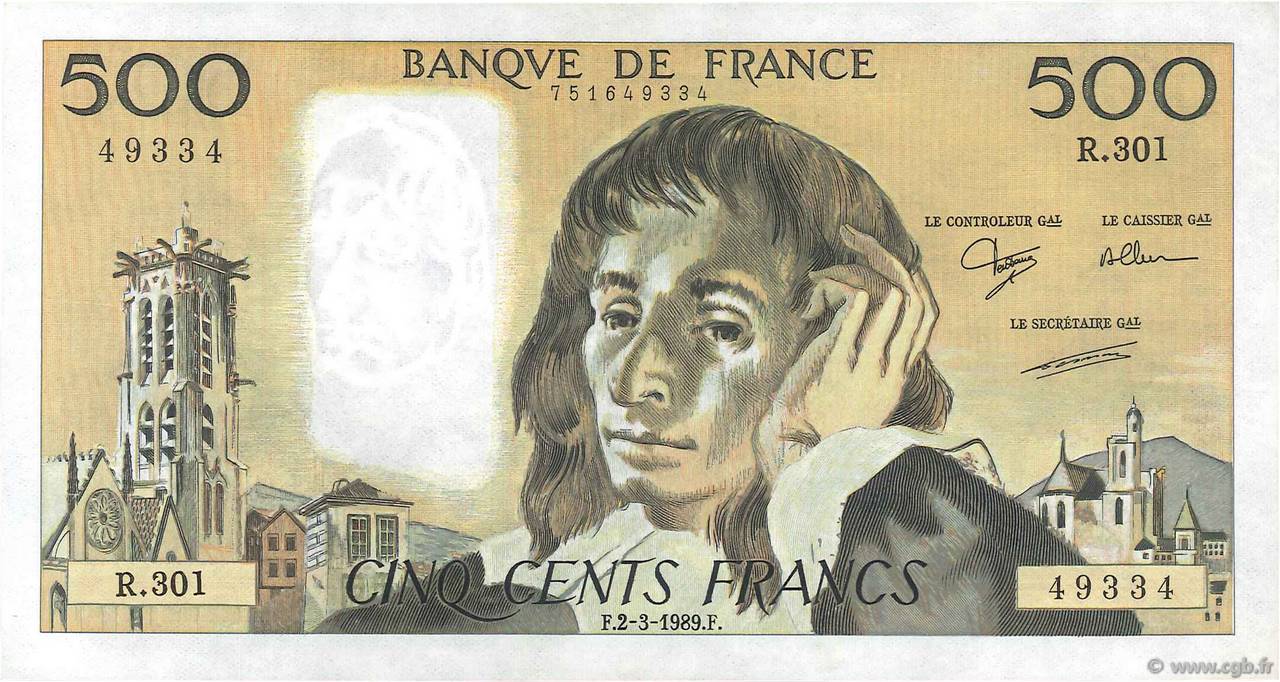 500 Francs PASCAL FRANCE  1989 F.71.41 SUP